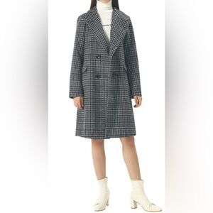 Oversize Lapel Collar Woolen Plaid Double Breasted Long Peacoat Jacket